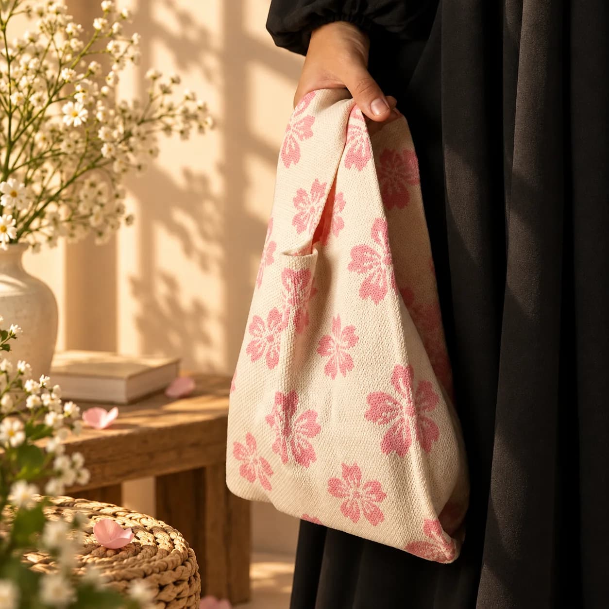 Pink petal knotted wristlet bag